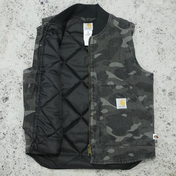RARE Vintage Carhartt x Bape Faded Black Camo Arctic Vest - Picture 2 of 16